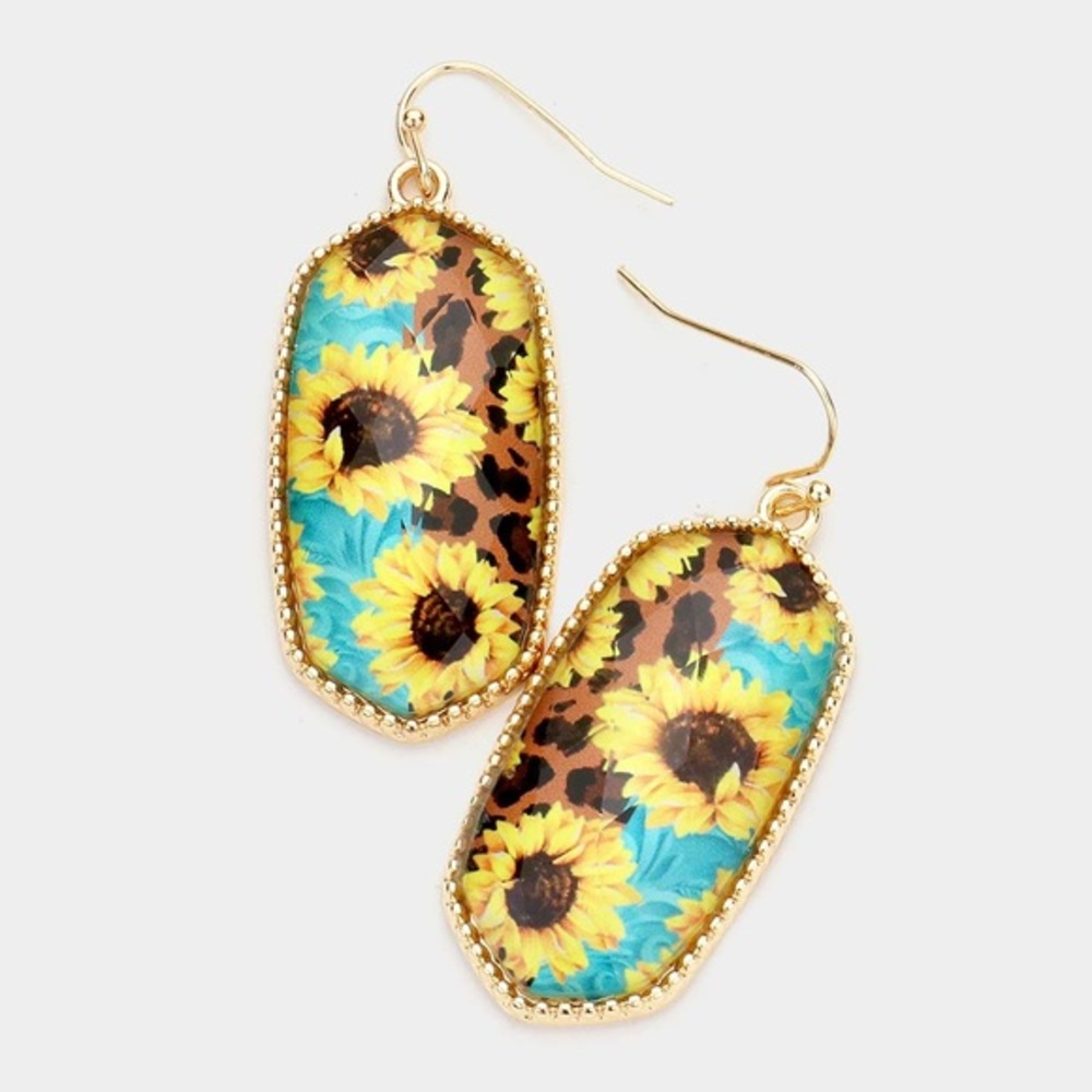 Gold blue Leopard print animal print sunflower stone fashion drop shape earrings
